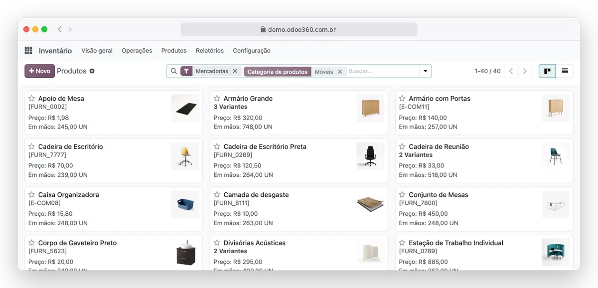 Catálogo de produtos do Odoo360 com preço e quantidade em estoque
