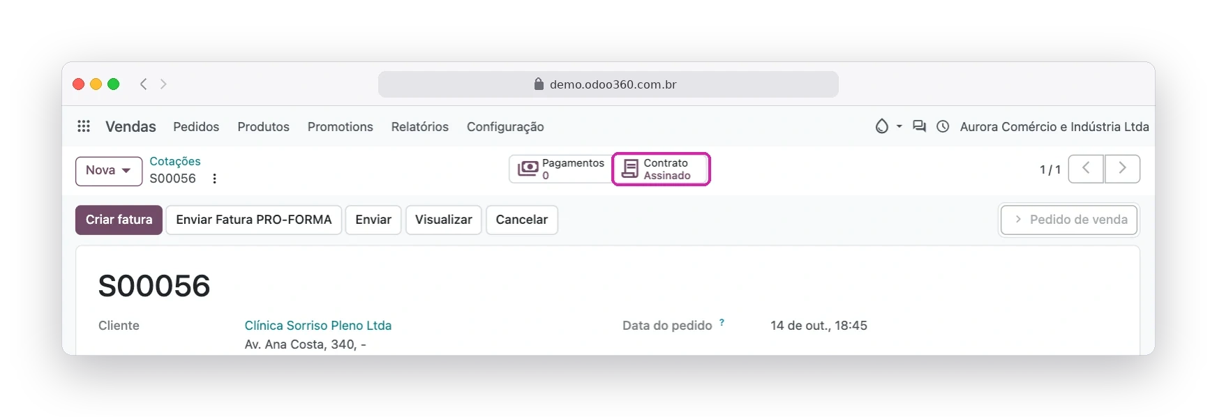 Botão Contrato no topo do pedido de venda mostrando o contrato assinado