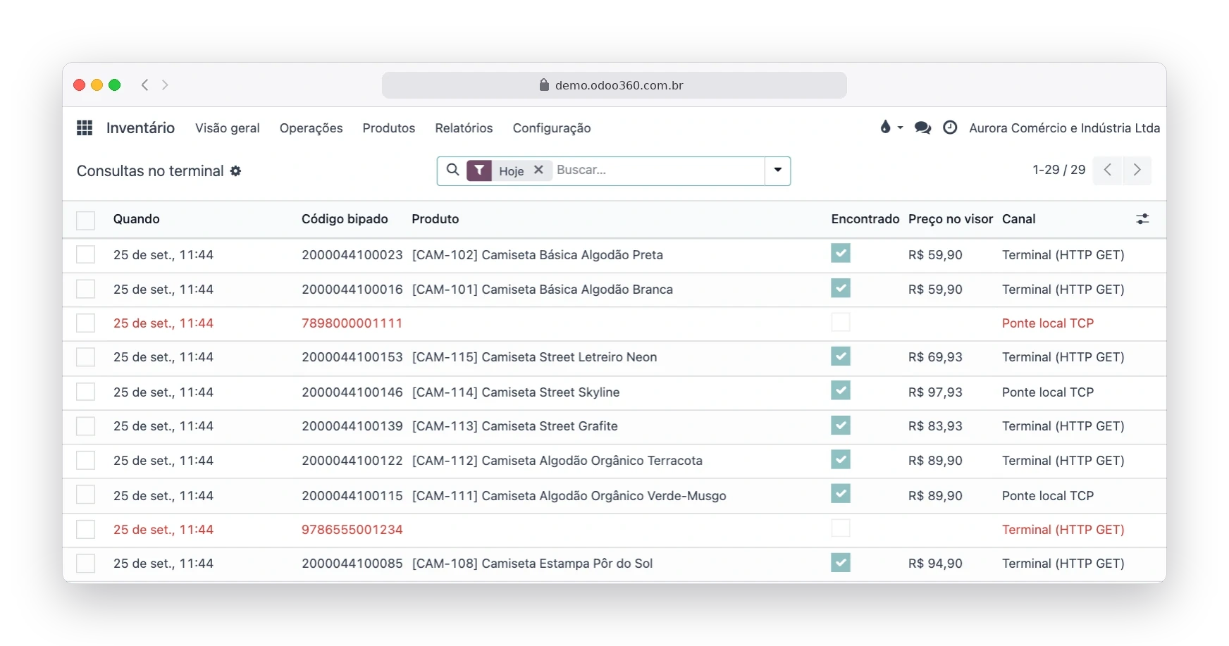 Relatório Consultas no terminal do Odoo360 com as bipagens do dia, preço mostrado e códigos não encontrados