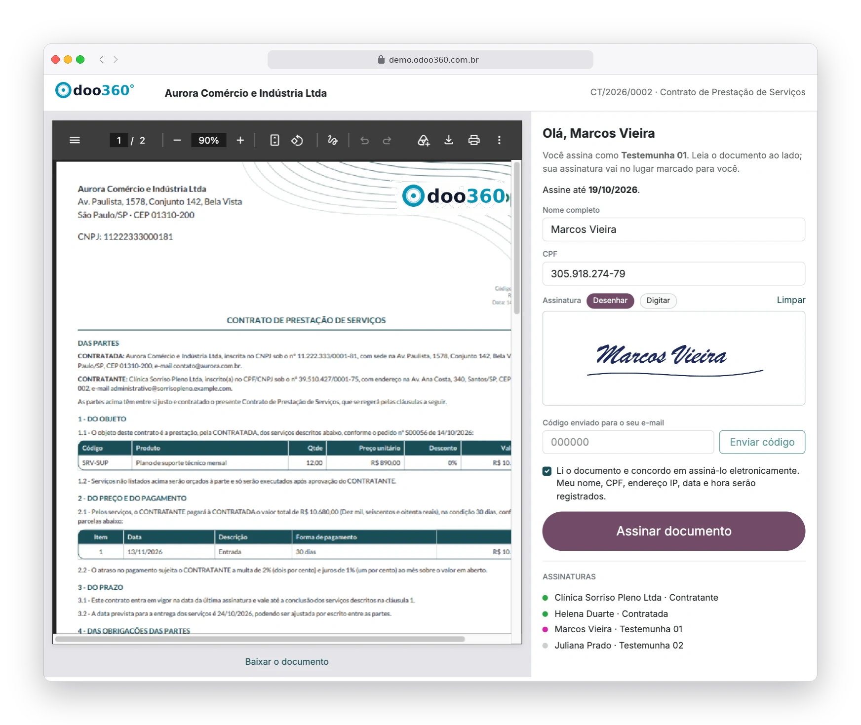 Página de assinatura eletrônica do contrato no Odoo360, com o documento ao lado, assinatura desenhada e código enviado por e-mail