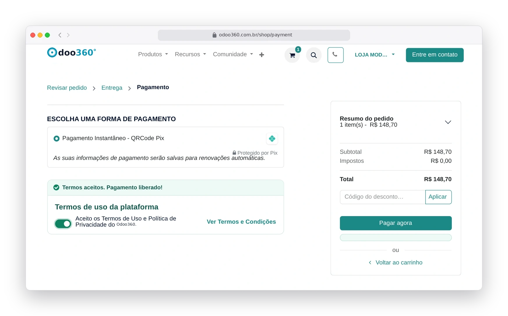 Tela de pagamento do Odoo360 com Pix selecionado, termos de uso aceitos e botão Pagar agora liberado