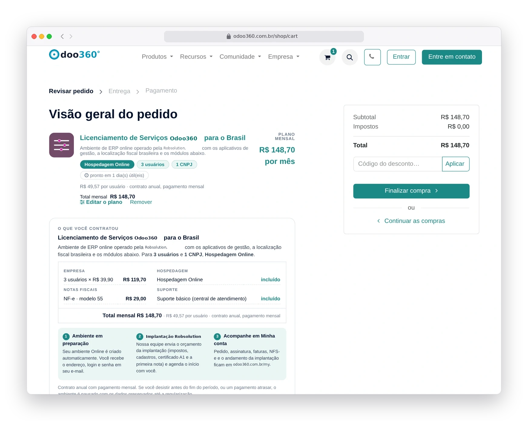 Carrinho com uma única linha do plano Odoo360 de R$ 148,70 por mês e o card da contratação